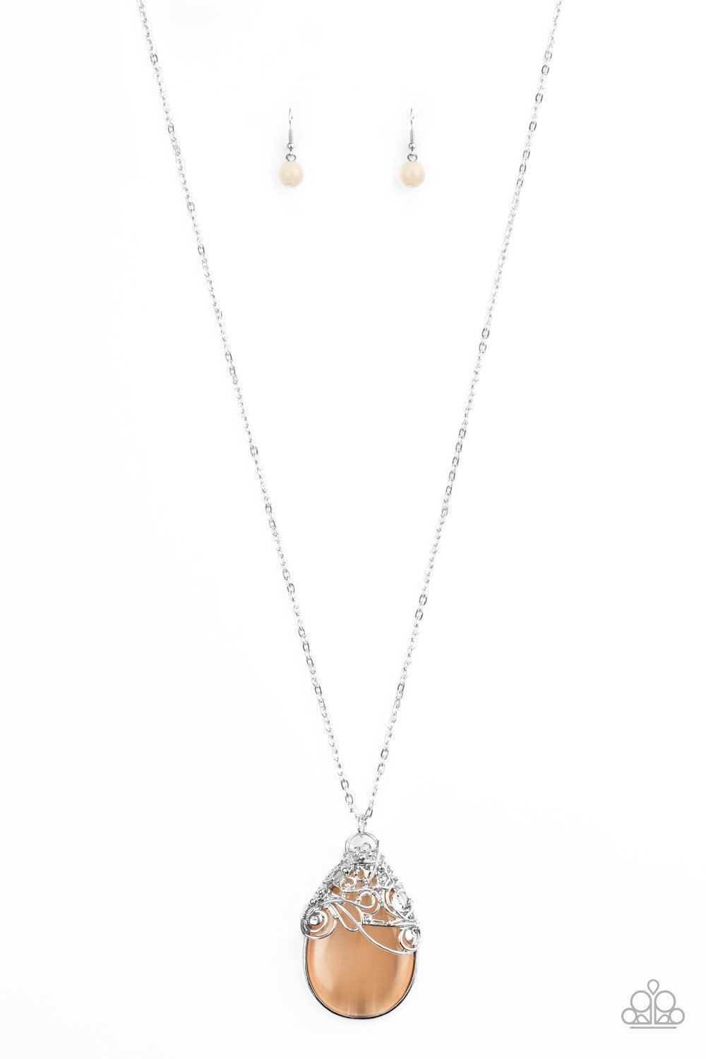 Paparazzi Accessories Tangled Gardens - Orange A collection of whimsically twisted wire delicately overlaps across the top of an oversized orange cat's eye teardrop stone, creating an ethereal pendant at the bottom of a lengthened silver chain. Features a