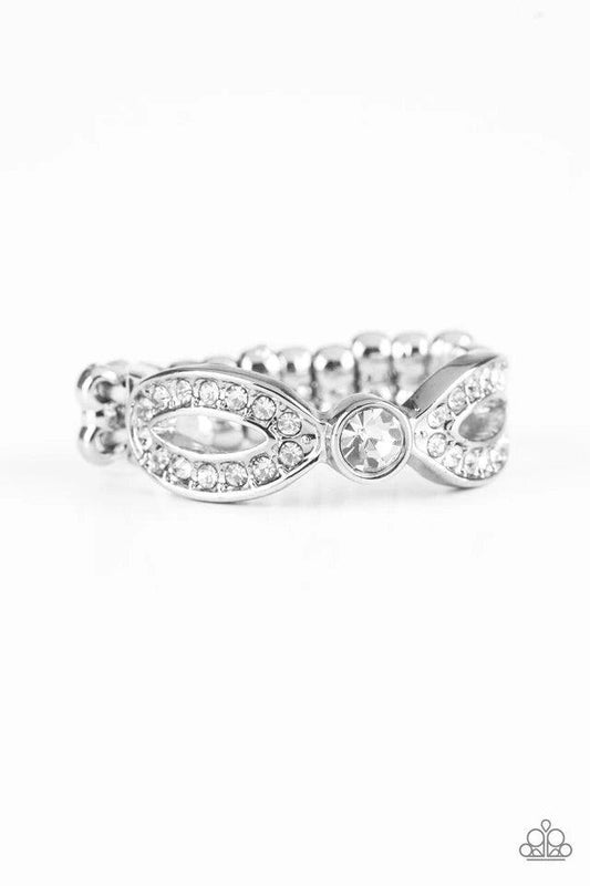 Paparazzi Accessories Extra Side of Elegance - White Encrusted in glassy white rhinestones, glistening silver ribbons loop away from a dazzling white rhinestone center for a refined look. Features a dainty stretchy band for a flexible fit. Sold as one ind