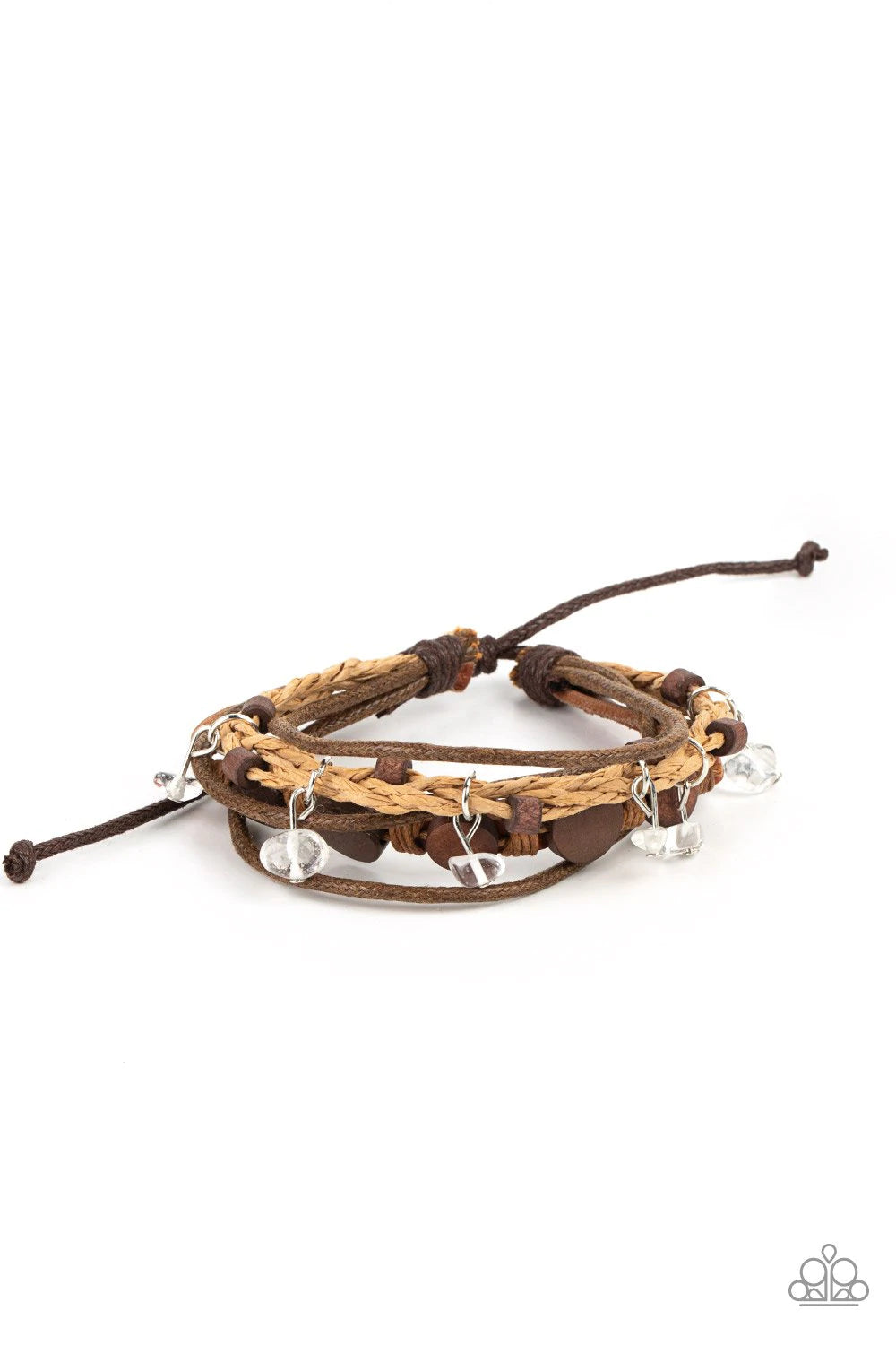 Paparazzi Accessories Run the Rapids - Brown Assorted strands of cording and leather, featuring flat wooden beads and small white polished stones dangling from silver fittings, layer across the wrist for an earthy handcrafted style. Features an adjustable