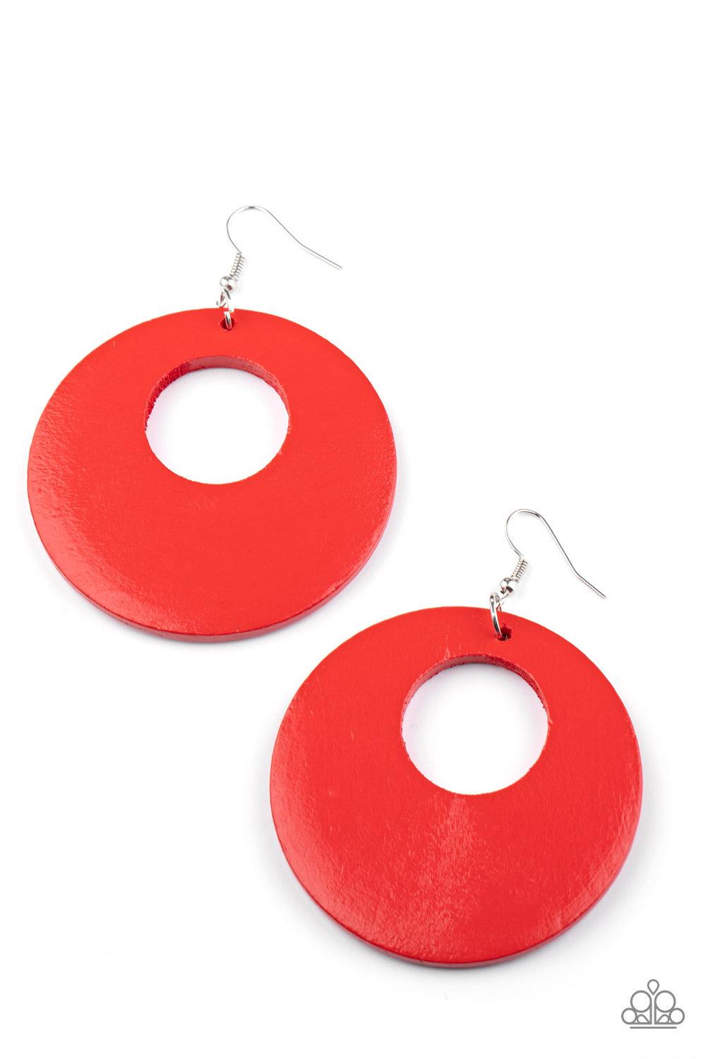 Paparazzi Accessories Island Hop - Red Painted in a fiery red hue, an oversized wooden hoop-like frame swings from the ear for a colorful look. Earring attaches to a standard fishhook fitting. Sold as one pair of earrings. Jewelry