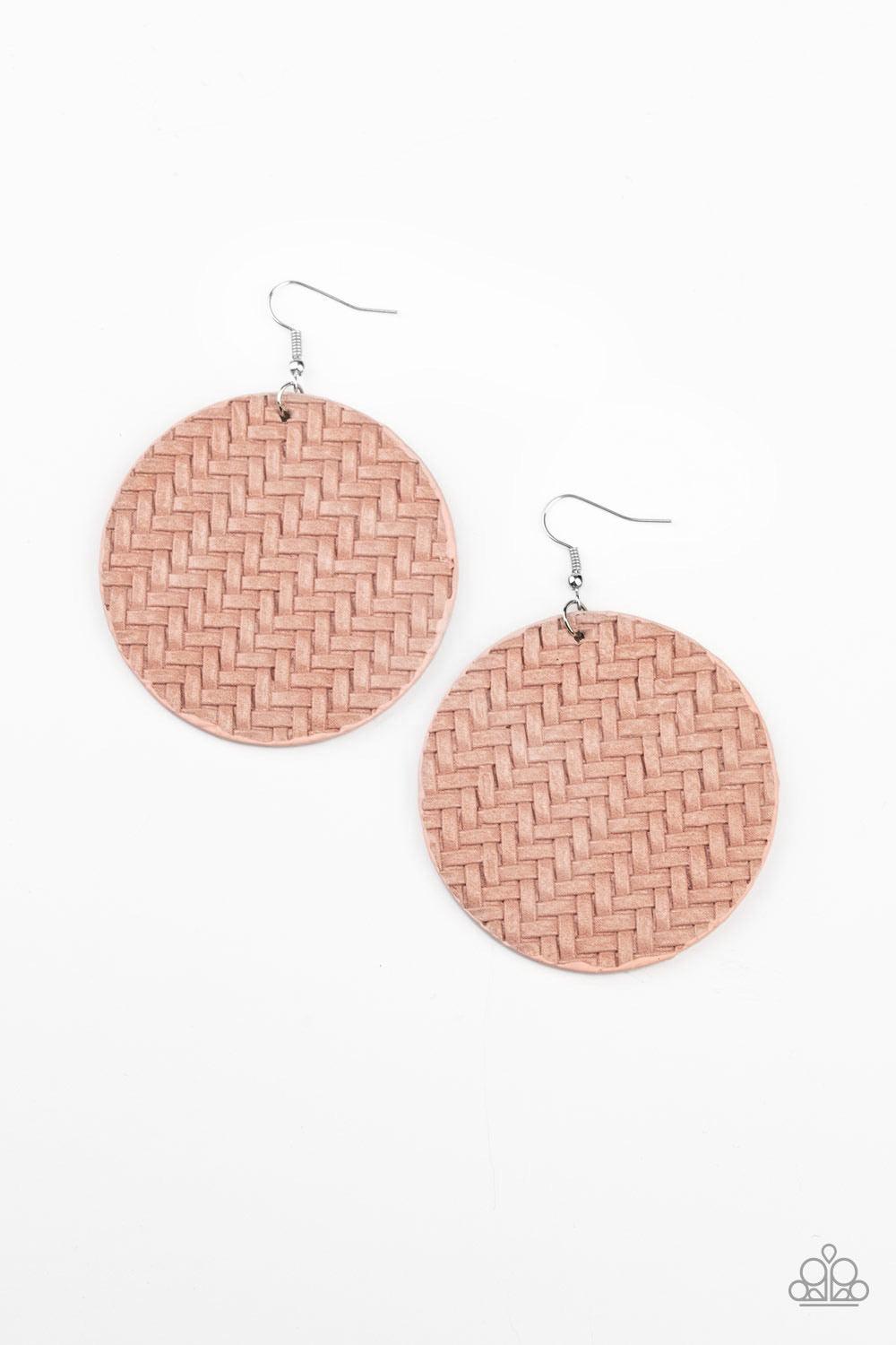 Paparazzi Accessories Plaited Plains - Pink Coral Pink leather-like laces weave into a plaited frame for a seasonal flair. Earring attaches to a standard fishhook fitting. Jewelry