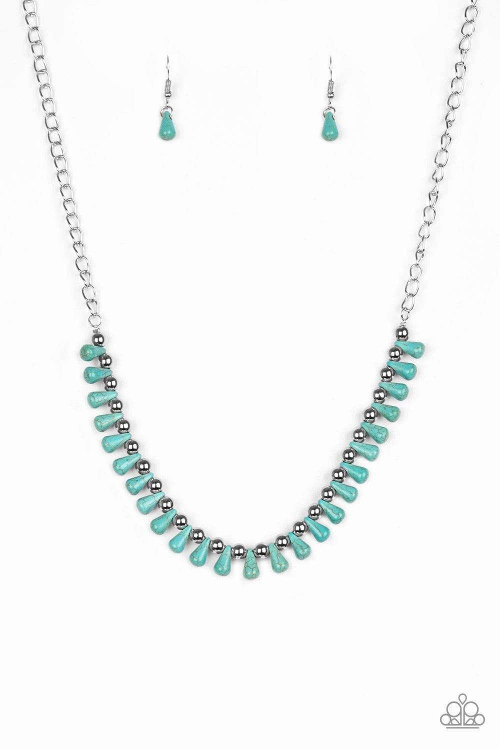 Paparazzi Accessories Extinct Species - Blue Turquoise teardrop stones and classic silver beads are threaded along an invisible wire. The earthy beads alternate below the collar, creating a wild fringe. Features an adjustable clasp closure. Sold as one in