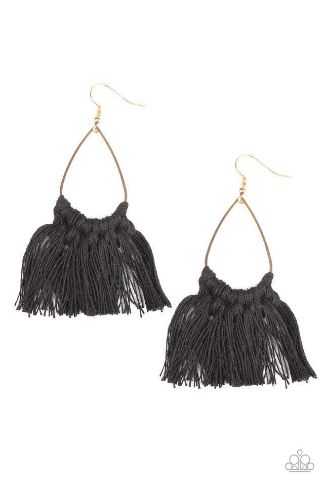 Paparazzi Accessories Tassel Treat - Black Black threaded tassels knot around the bottom of a shimmery gold teardrop frame, creating a flirty fringe. Earring attaches to a standard fishhook fitting. Jewelry