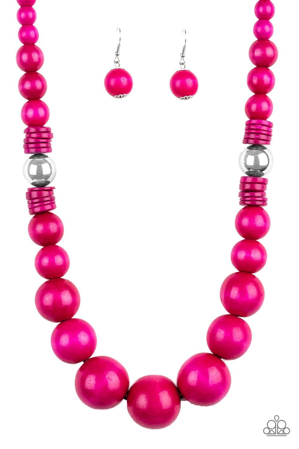 Paparazzi Accessories Panama Panorama - Pink Infused with dramatic silver beads, an array of vivacious pink wooden beads drape across the chest for a summery look. Features a button-loop closure. Jewelry