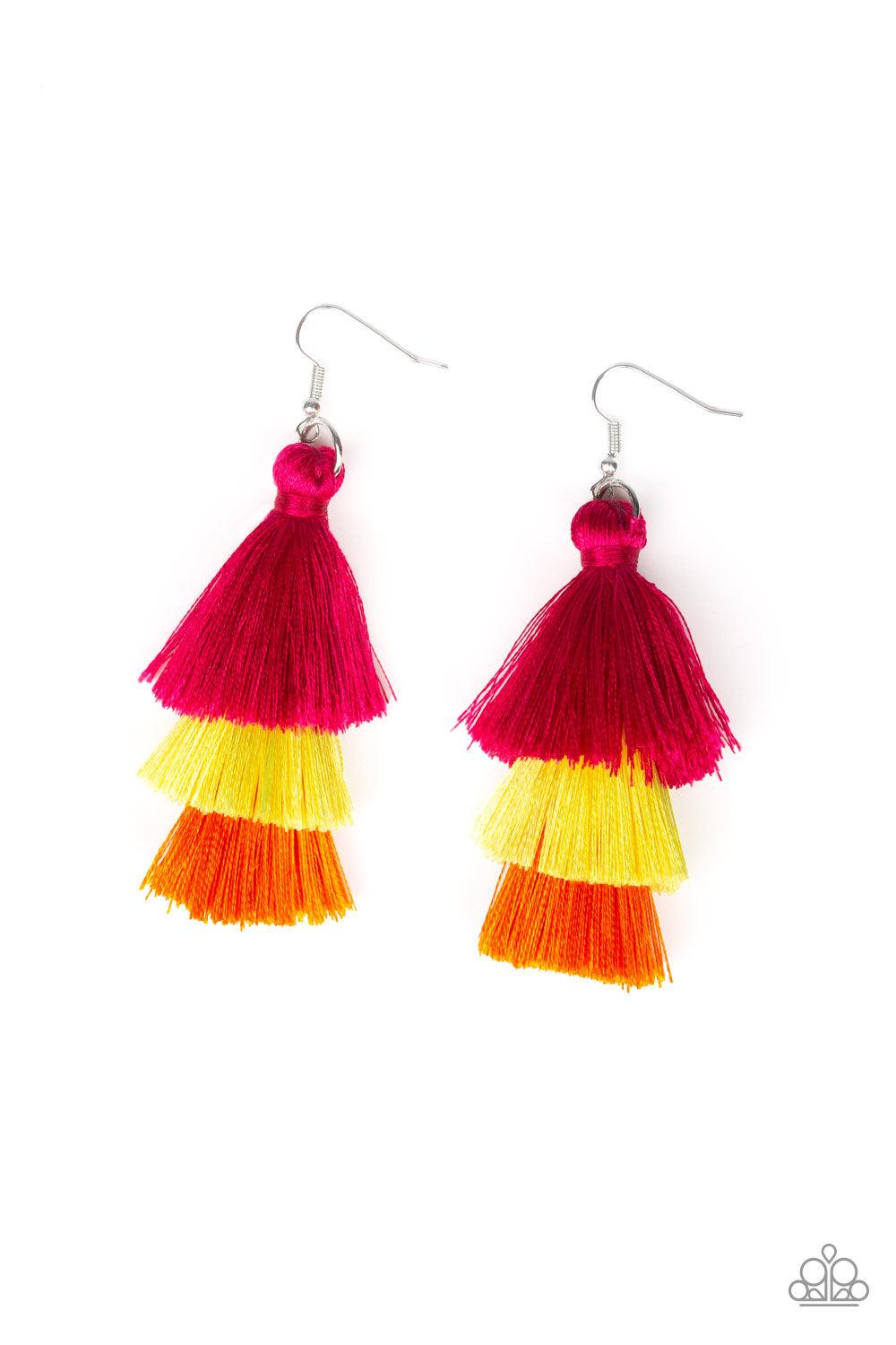 Paparazzi Accessories Hold On Your Tassel! ~Multi Featuring pink, yellow, and orange thread, a 3-tiered tassel swings from the ear for a flirtatious look. Earring attaches to a standard fishhook fitting.