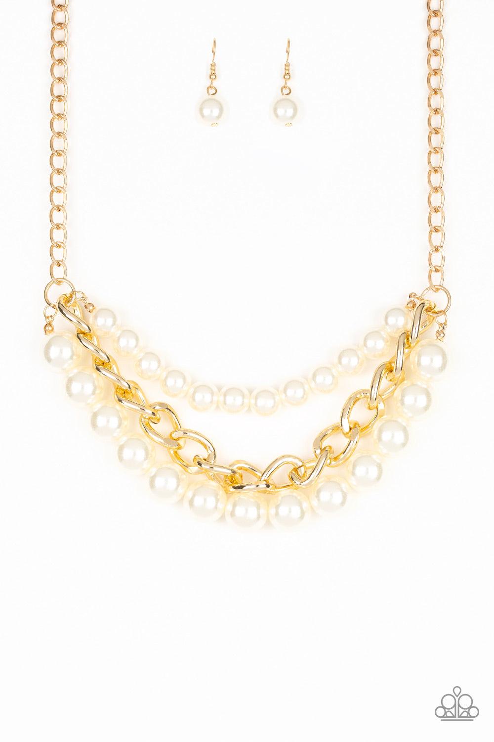 Paparazzi Accessories Empire State Empress - Gold Two strands of dramatic white pearls flank one strand of oversized gold chain, creating statement-making layers below the collar. Features an adjustable clasp closure. Sold as one individual necklace. Incl