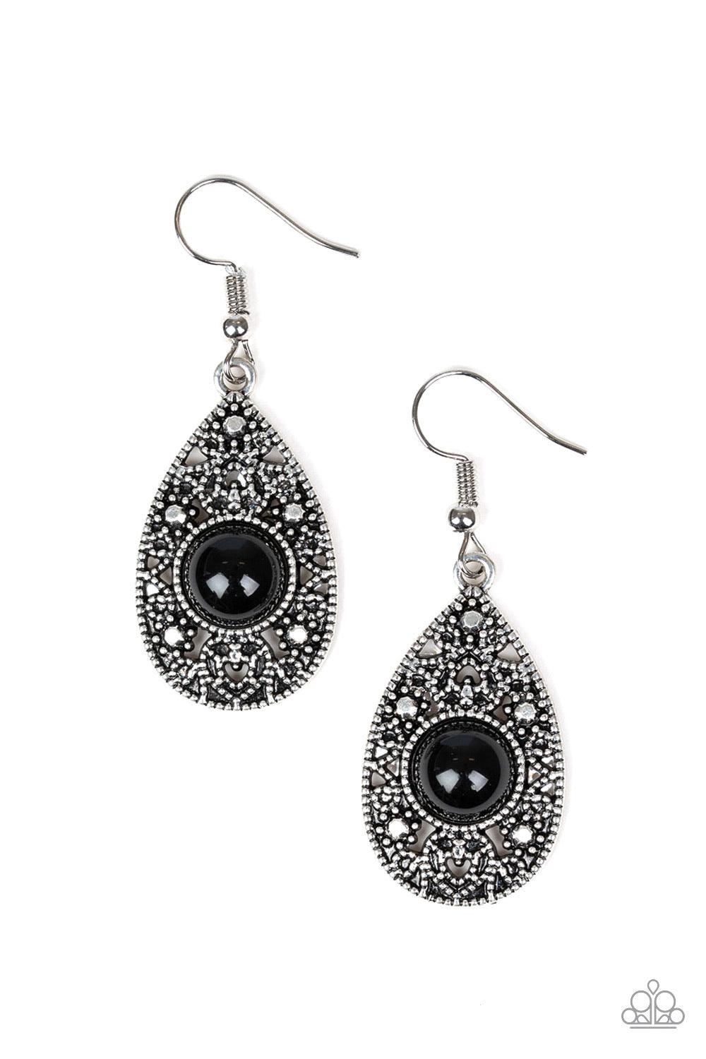 Paparazzi Accessories From Pop To Bottom - Black A shiny black bead is pressed into the center of a silver studded teardrop frame for a perfect pop of color. Earring attaches to a standard fishhook fitting. Jewelry