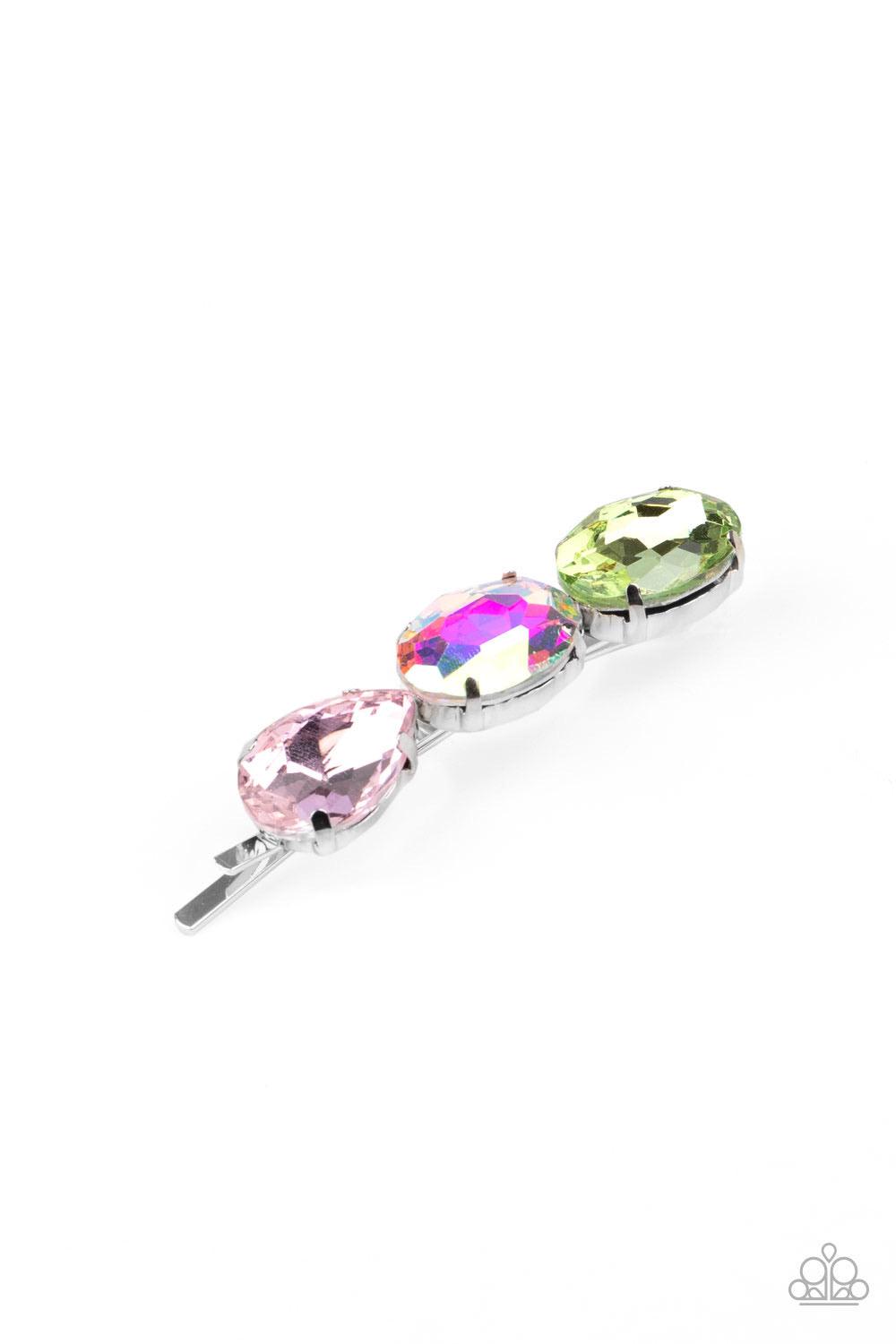 Paparazzi Accessories Beyond Bedazzled - Multi A teardrop pink gem, oval opal, and oval green gem are encrusted across the front of a bobby pin for a bedazzling look. Sold as one individual decorative bobby pin. Hair Accessories