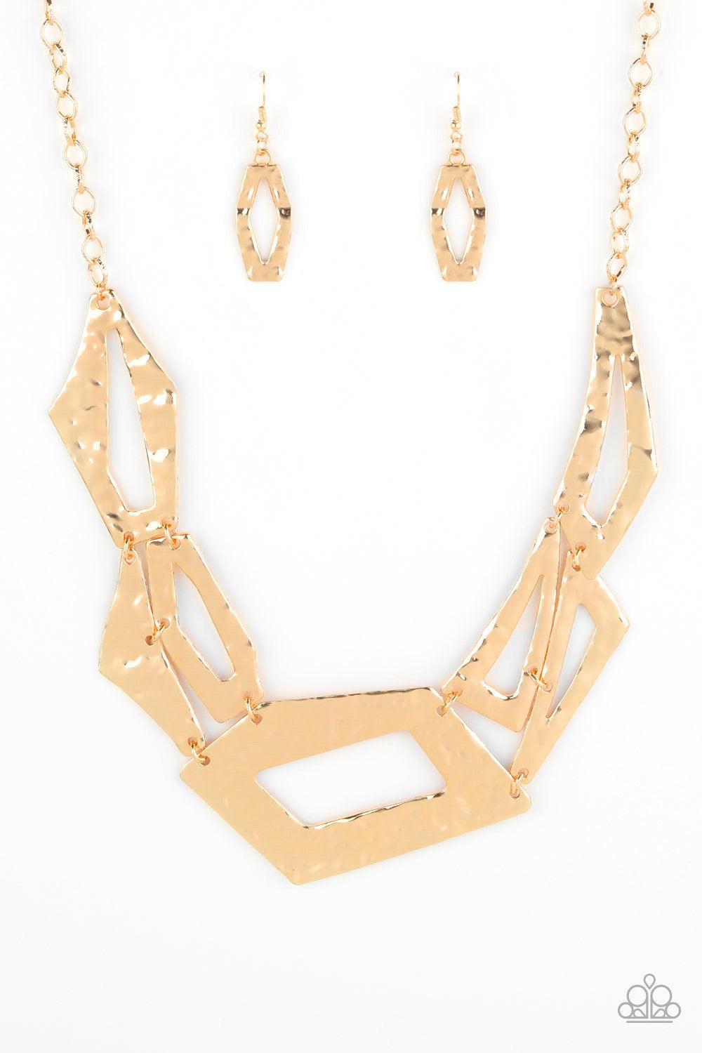 Paparazzi Accessories Break the Mold - Gold Attached to an edgy gold chain, hammered gold plates featuring asymmetrical shapes abstractly link below the collar for a knockout look. Features an adjustable clasp closure. Jewelry
