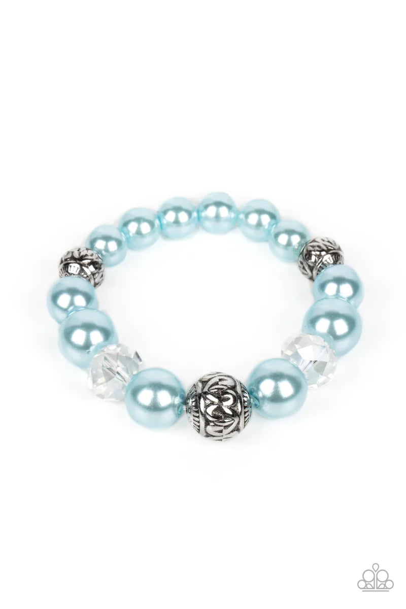 Paparazzi Accessories Royal Reward - Blue Bubbly Spun Sugar pearls, textured silver accents, and clear faceted beads nobly drape around the wrist on an elastic stretchy band for a refined pop of color. Sold as one individual bracelet.
