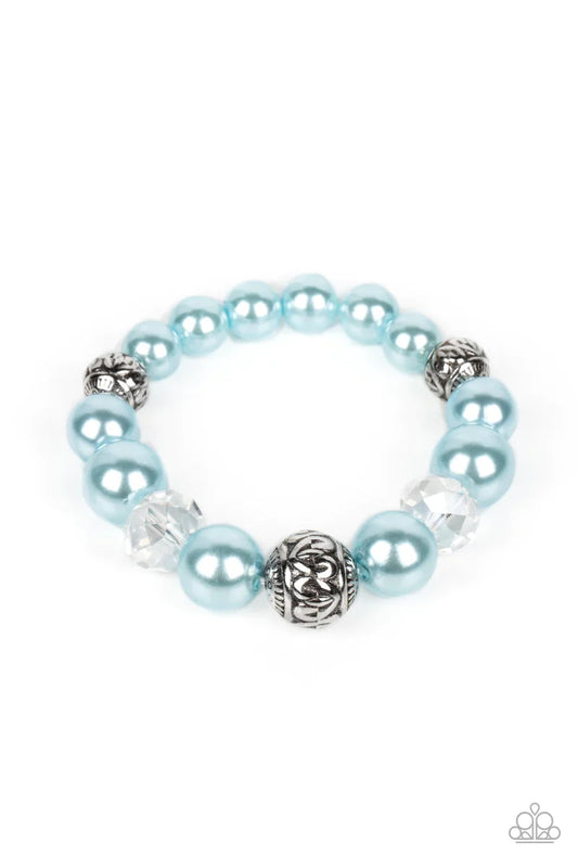 Paparazzi Accessories Royal Reward - Blue Bubbly Spun Sugar pearls, textured silver accents, and clear faceted beads nobly drape around the wrist on an elastic stretchy band for a refined pop of color. Sold as one individual bracelet.