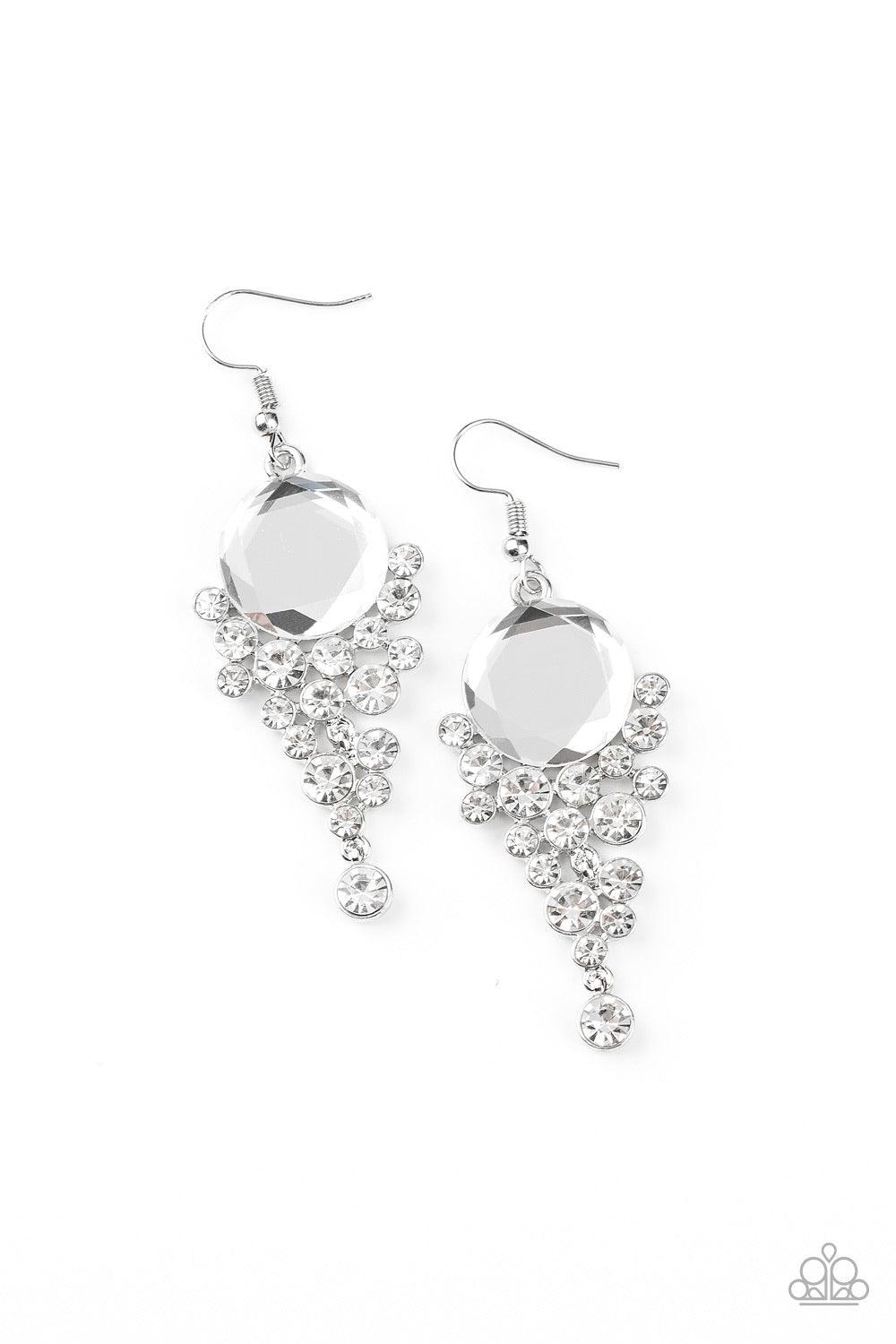 Paparazzi Accessories Elegantly Effervescent - White A collection of dainty rhinestones tumble from the bottom of an oversized white gem, coalescing into an effervescent lure. Earring attaches to a standard fishhook fitting. Sold as one pair of earrings.