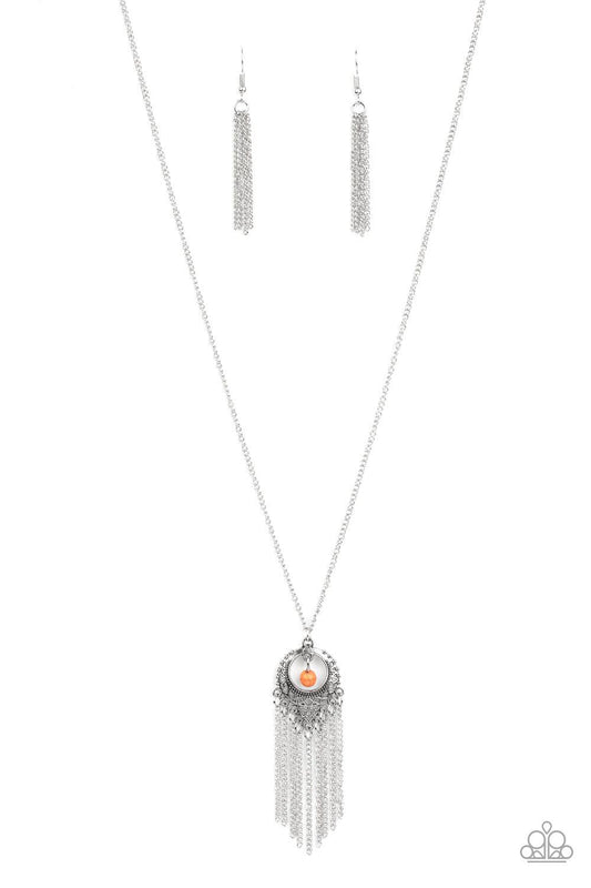 Paparazzi Accessories Western Weather - Orange A vivacious orange stone bead swings from the top of an ornate silver frame. Infused with a tapered tassel, the whimsical pendant swings from the bottom of an elongated silver chain for a wanderlust finish. F