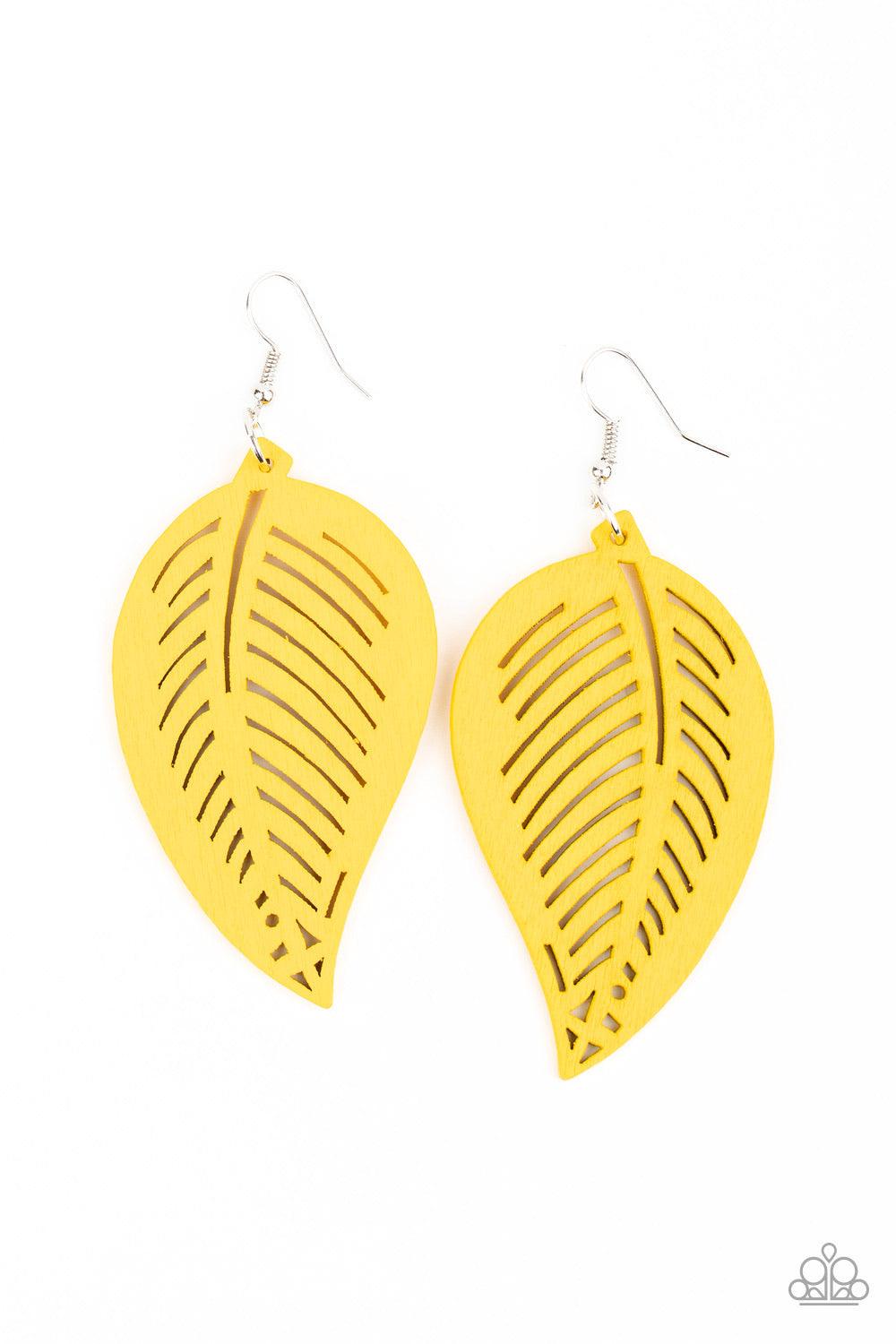 Paparazzi Accessories Tropical Foliage ~Yellow Painted in a sunny yellow finish, a wooden frame is delicately cut into an airy leaf pattern for a seasonal flair. Earring attaches to a standard fishhook fitting. Sold as one pair of earrings.