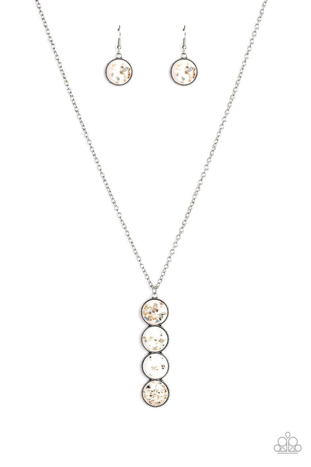 Paparazzi Accessories Confetti and Cocktails - White Featuring flecks of iridescent shell-like accents, four glassy white beads stack into a dazzling pendant at the bottom of a shimmery silver chain for an effervescent look. Features an adjustable clasp c