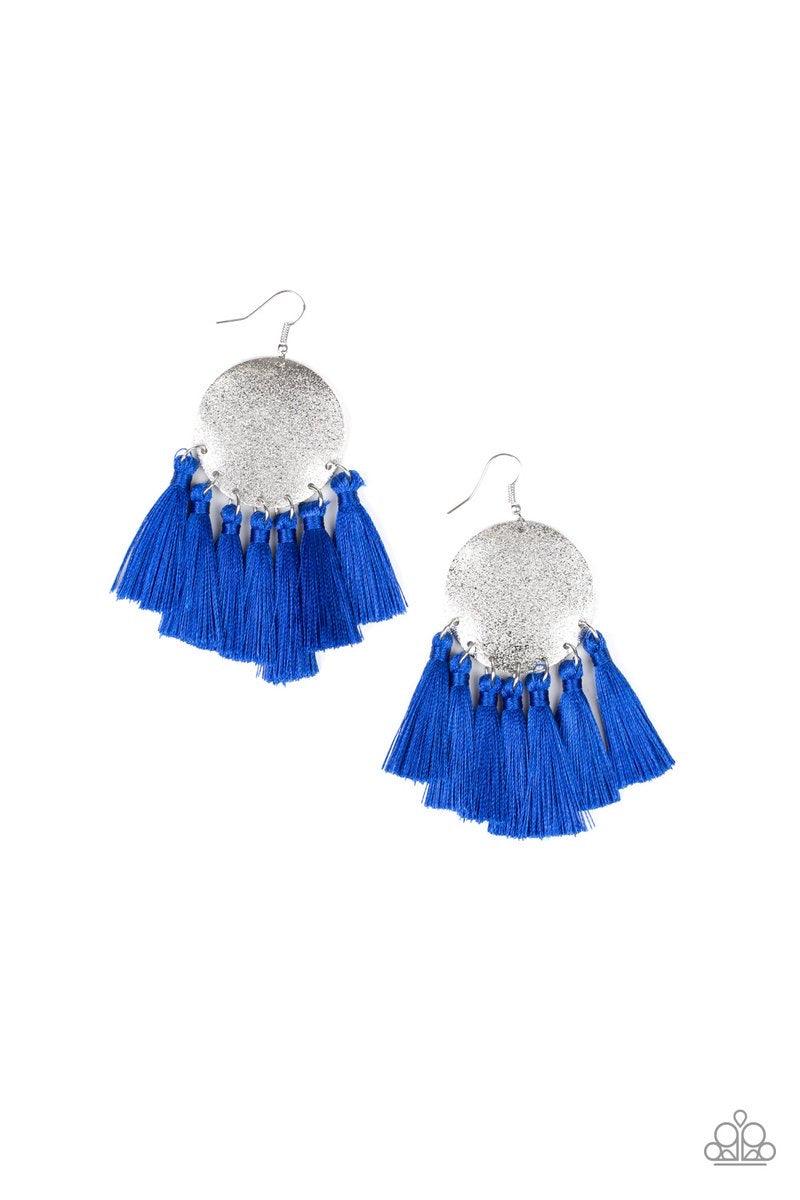 Paparazzi Accessories Tassel Tribute - Blue A fringe of shiny Galaxy Blue threaded tassels swing from the bottom of a warped silver disc brushed in an incandescent metallic shimmer for a whimsical flair. Earring attaches to a standard fishhook fitting. Je