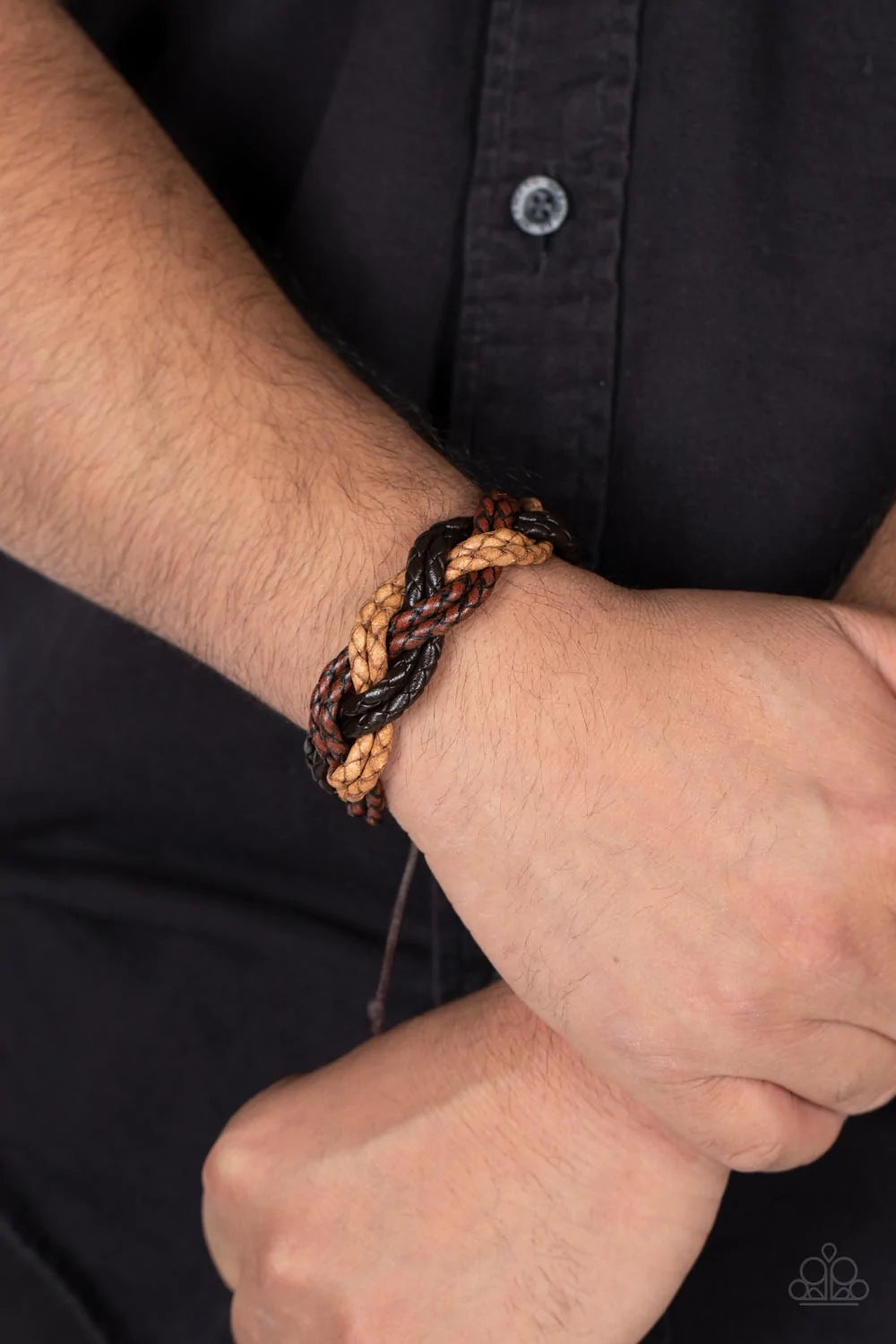 Paparazzi Accessories On Adventure Time - Brown Woven strands of tan, brown, and black leather decoratively braid around the wrist, resulting in a rugged centerpiece. Features an adjustable sliding knot closure. Sold as one individual bracelet. Bracelets