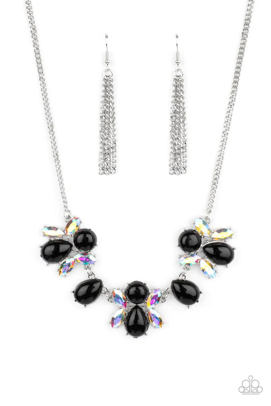 Paparazzi Accessories Galaxy Gallery - Black A bubbly collection of round and teardrop black beads coalesce with iridescent marquise cut rhinestones below the collar, creating a stellar centerpiece. Features an adjustable clasp closure. Sold as one indivi