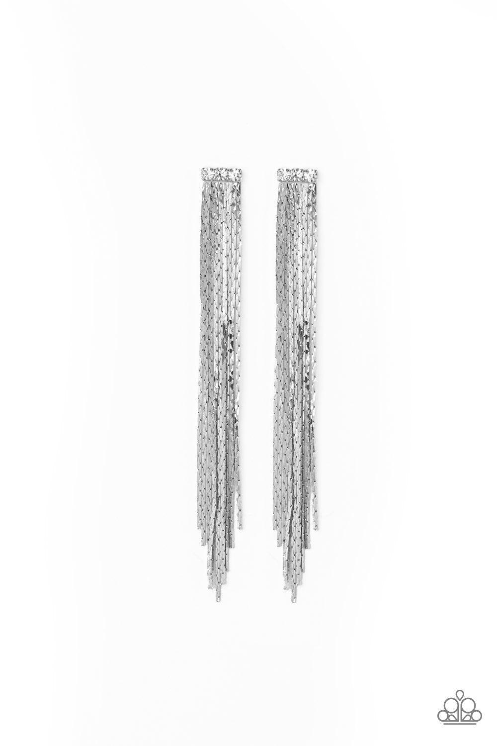 Paparazzi Accessories Night At The Oscars - White A tassel of flat silver chain cascades from a row of three white rhinestones. Brushed in a high sheen reflective finish, the streaming chains coalesce into a brilliant shimmer. Earring attaches to a standa