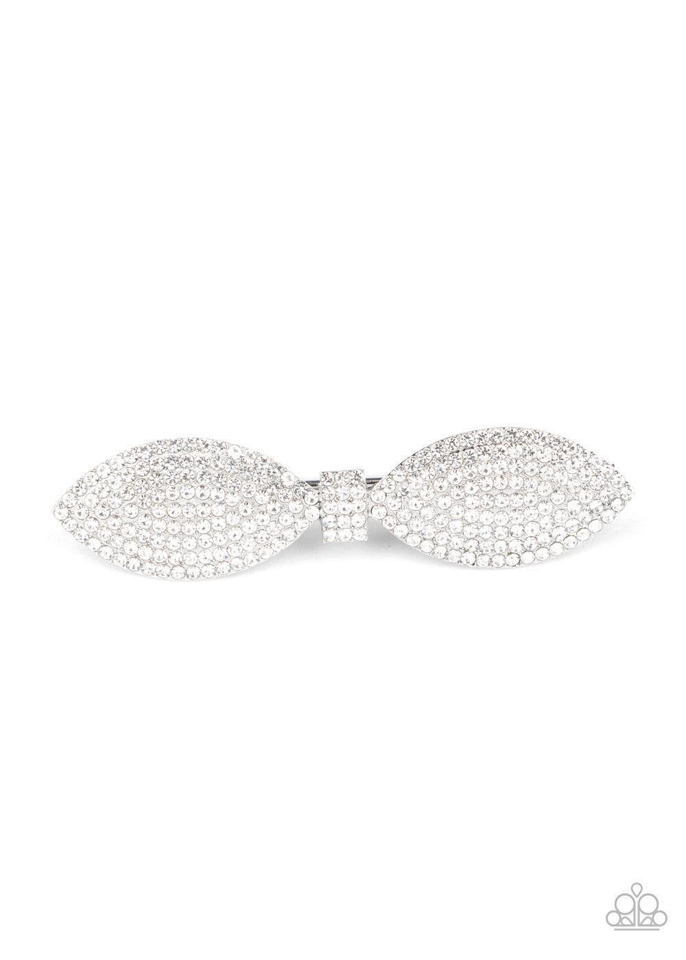 Paparazzi Accessories Mind BOWing Sparkle - White A silver bow is encrusted in row after row of glassy white rhinestones, creating a sparkling centerpiece. Features a standard hair clip on the back. Sold as one individual hair clip. Hair Accessories