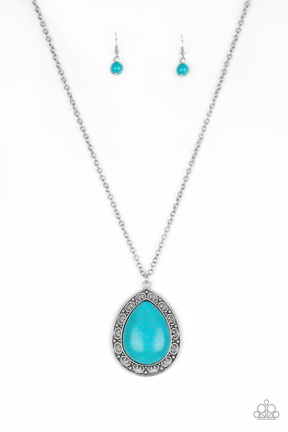 Paparazzi Accessories Full Frontier - Blue A refreshing turquoise stone teardrop is pressed into the center of an ornate silver frame, creating a dramatic pendant for a seasonal look. Features an adjustable clasp closure. Jewelry