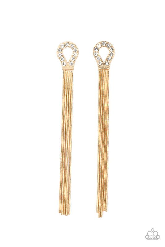 Paparazzi Accessories Dallas Debutante - Gold A glistening curtain of round gold snake chains stream out from the bottom of a dainty horseshoe frame adorned in glassy white rhinestones, creating a tantalizing tassel. Earring attaches to a standard post fi