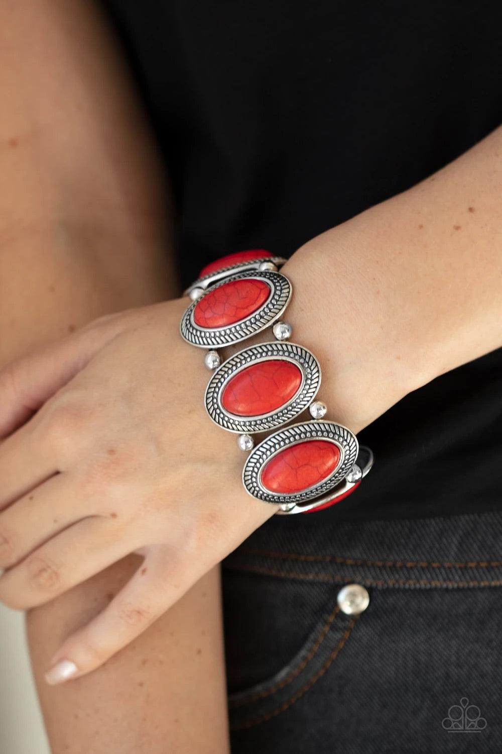 Paparazzi Accessories Until The Cows Come HOMESTEAD - Red Separated by pairs of silver beads, red stone dotted rustic silver frames are threaded along stretchy bands around the wrist for a seasonal flair. Sold as one individual bracelet. Jewelry