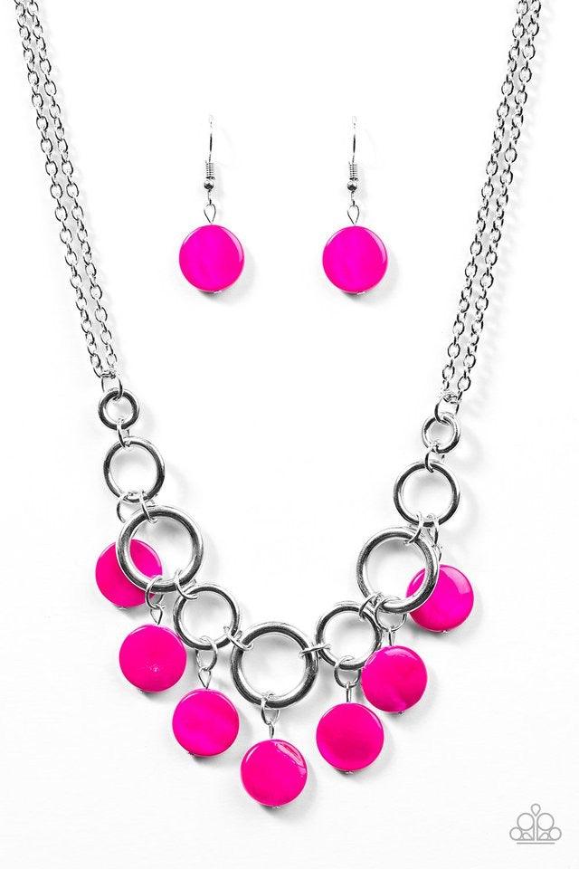 Paparazzi Accessories Coastal Adventure - Pink Brushed in a shell-like iridescence, shiny pink beading swings from the bottom of bold silver hoops, creating a colorful fringe below the collar. Features an adjustable clasp closure. Jewelry