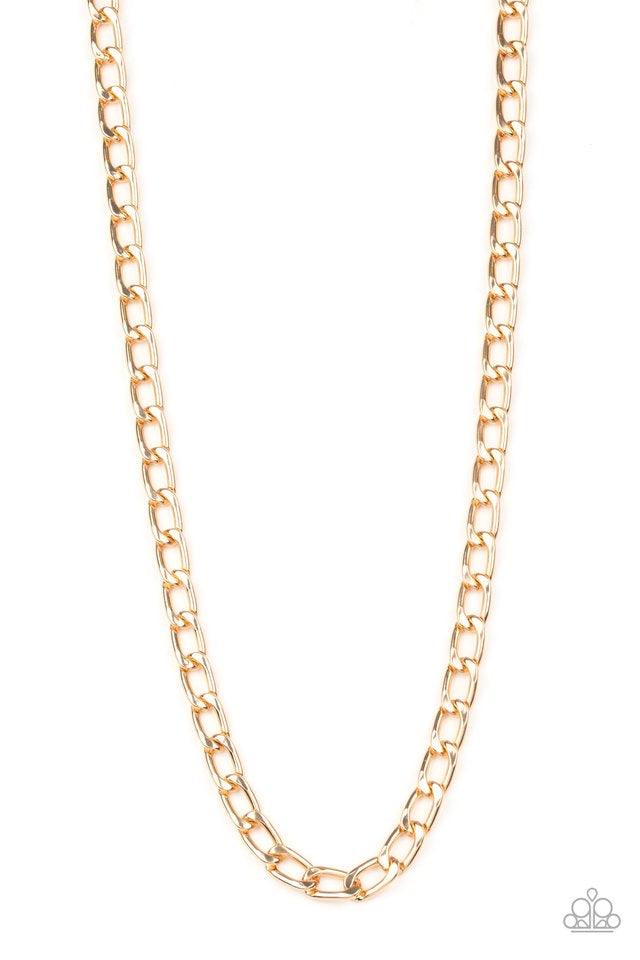 Paparazzi Accessories Big Win - Gold A thick gold beveled cable chain drapes across the chest for a classic look. Features an adjustable clasp closure. Sold as one individual necklace. Jewelry