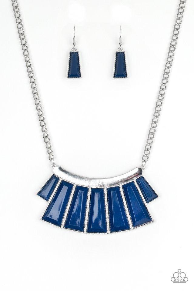 Paparazzi Accessories Glamour Goddess - Blue Featuring the deep shade of Evening Blue, faceted emerald style beads are pressed into a hammered silver plate. Featuring flared bottoms, the colorful beads fan out below the collar for a fierce finish. Feature