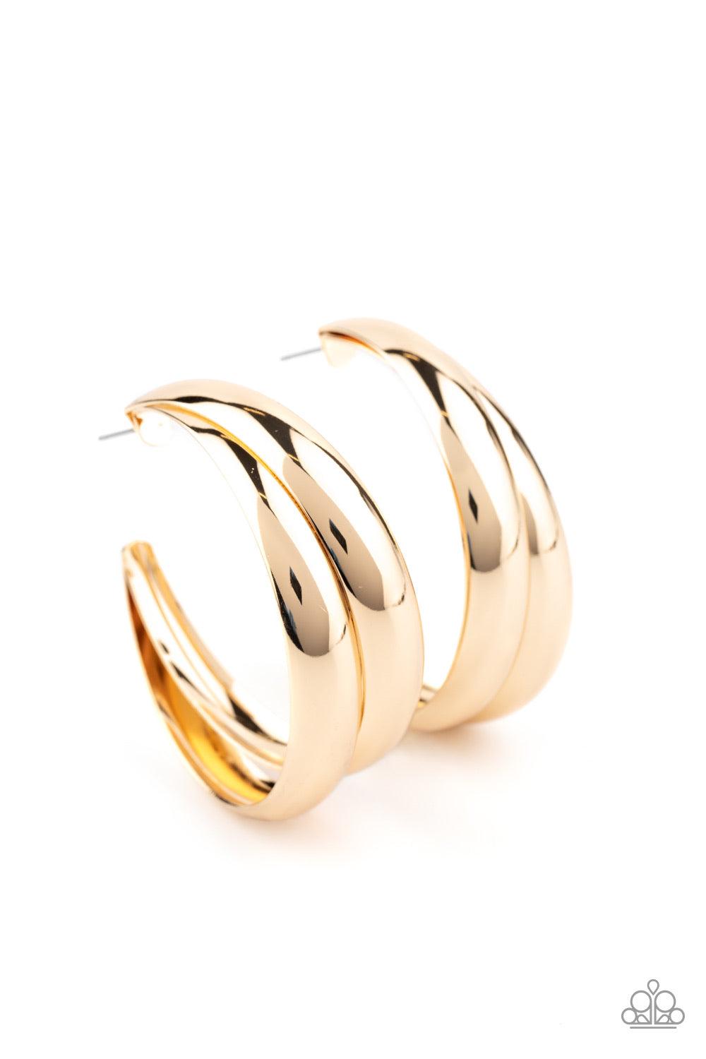 Paparazzi Accessories Colossal Curves - Gold Two thick gold bars delicately overlap into a boldly oversized hoop. Earring attaches to a standard post fitting. Hoop measures approximately 2" in diameter. Sold as one pair of hoop earrings. Jewelry