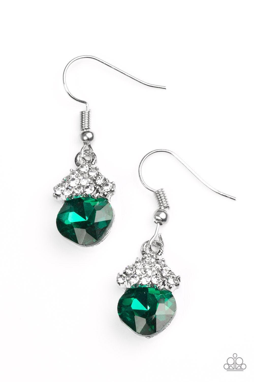 Paparazzi Accessories The Show Must GLOW On! - Green Encrusted in glittery white rhinestones, shimmery silver frames stack atop a faceted green gem for a dramatic look. Earring attaches to a standard fishhook fitting. Jewelry