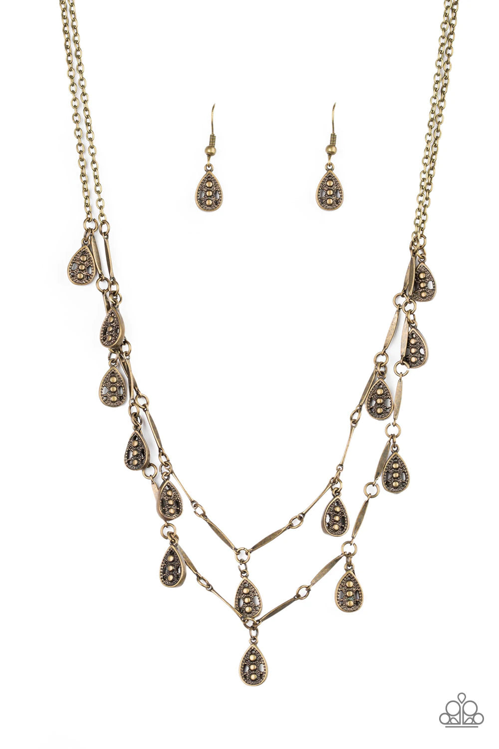 Paparazzi Accessories Galapagos Gypsy - Brass Glistening brass rods and ornate teardrops link below the collar in two rows, creating a playful fringe. Features an adjustable clasp closure. Sold as one individual necklace. Includes one pair of matching ear