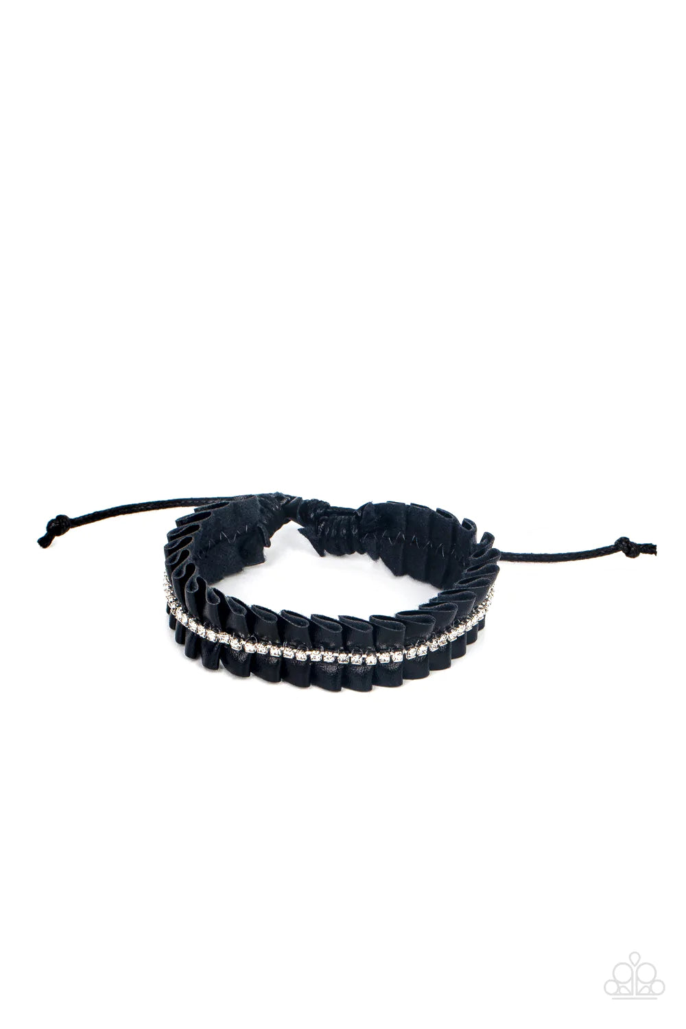 Paparazzi Accessories Pretty, Pretty PLEATS - Black A black leather ribbon delicately gathers into pleats around the wrist. A glittery strand of white rhinestones adorns the center of the pleats, adding a glitzy accent to the textured centerpiece. Feature