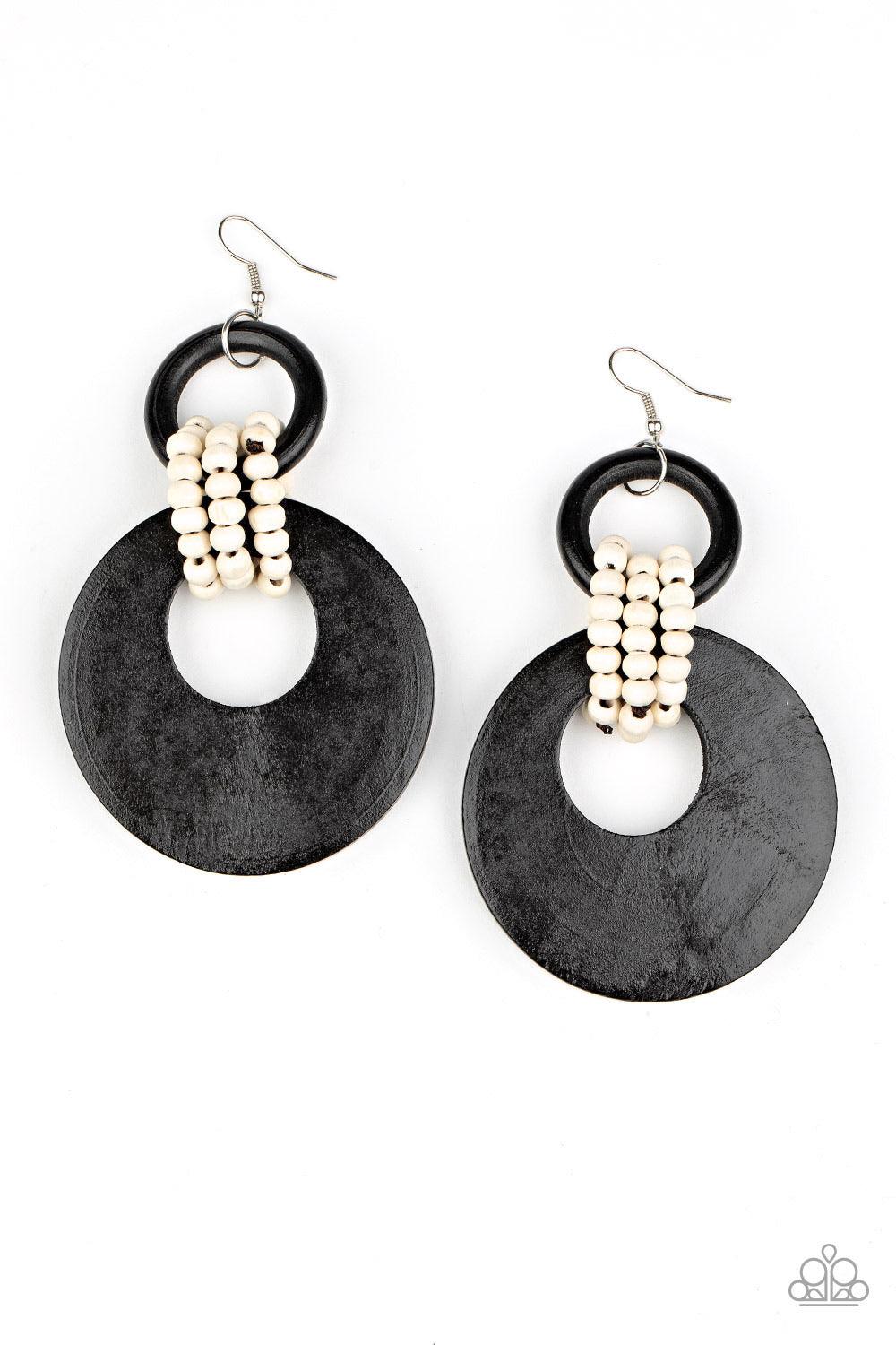 Paparazzi Accessories Beach Day Drama - Black White wooden beaded links connect together a black wooden ring and an oversized black wooden crescent-like hoop, creating a uniquely earthy lure. Earring attaches to a standard fishhook fitting. Sold as one pa