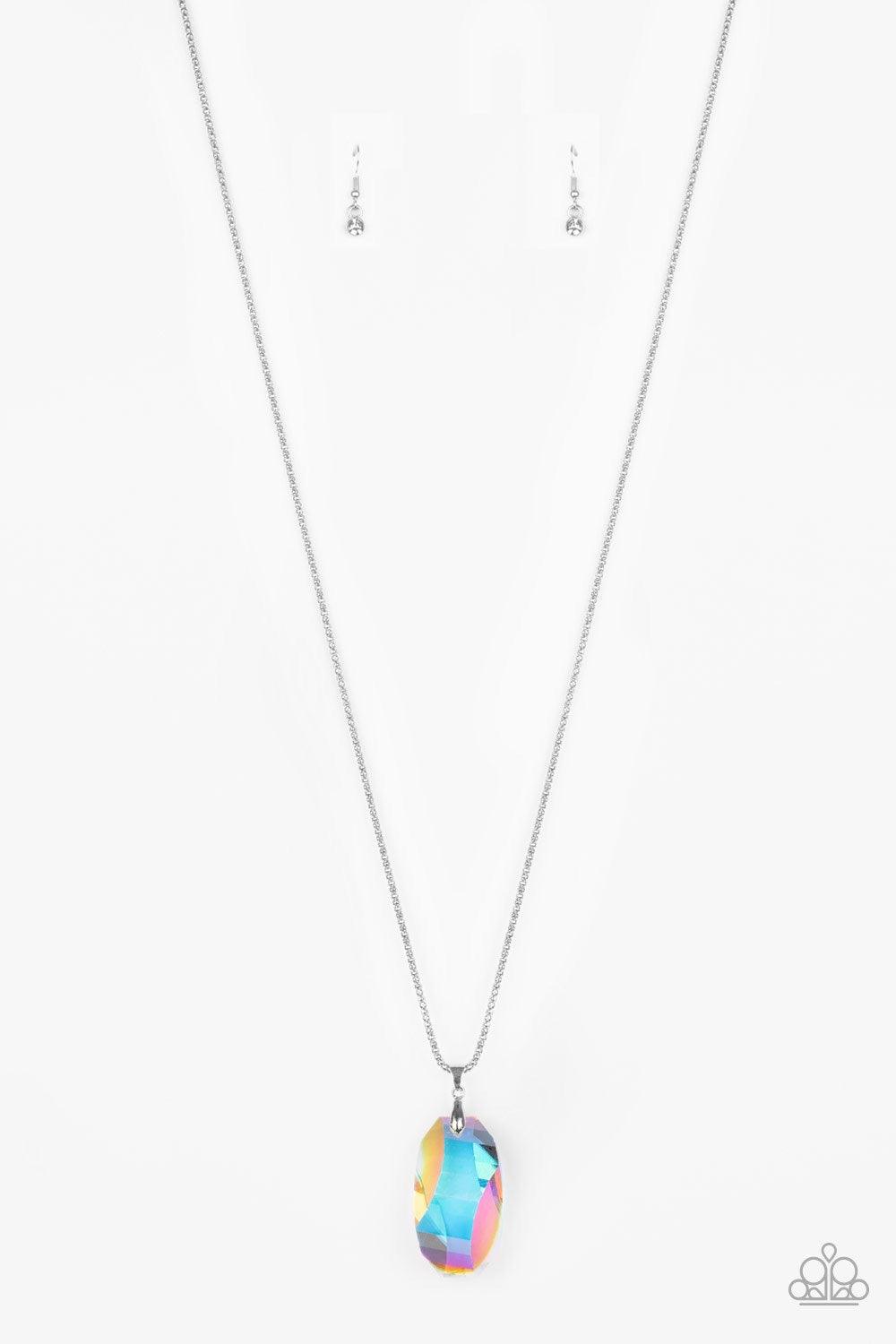 Paparazzi Accessories Gemstone Grandeur - Multi Featuring a raw cut and metallic backing, an iridescent gem swings from the bottom of an elongated silver popcorn chain. Dotted with a dainty white rhinestone, the faceted gem catches and refracts the light