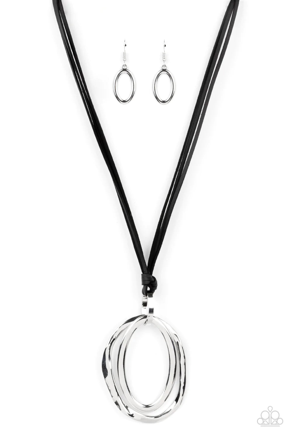 Paparazzi Accessories Long OVAL-Due - Black Long strips of black leather knot around a silver link where a mismatched pair of smooth and hammered silver ovals swing from the bottom, resulting in a rustic pendant. Features an adjustable clasp closure. Jewe