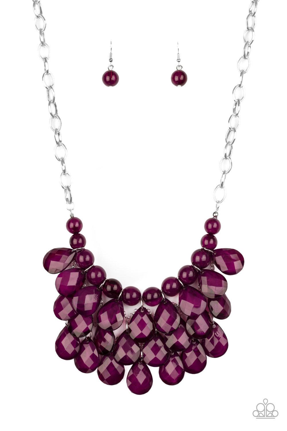 Paparazzi Accessories Sorry To Burst Your Bubble - Purple Attached to a bold silver chain, round opaque plum beads are threaded along an invisible wire below the collar. Attached to a net of silver chains, faceted opaque teardrops cascade from the bottom