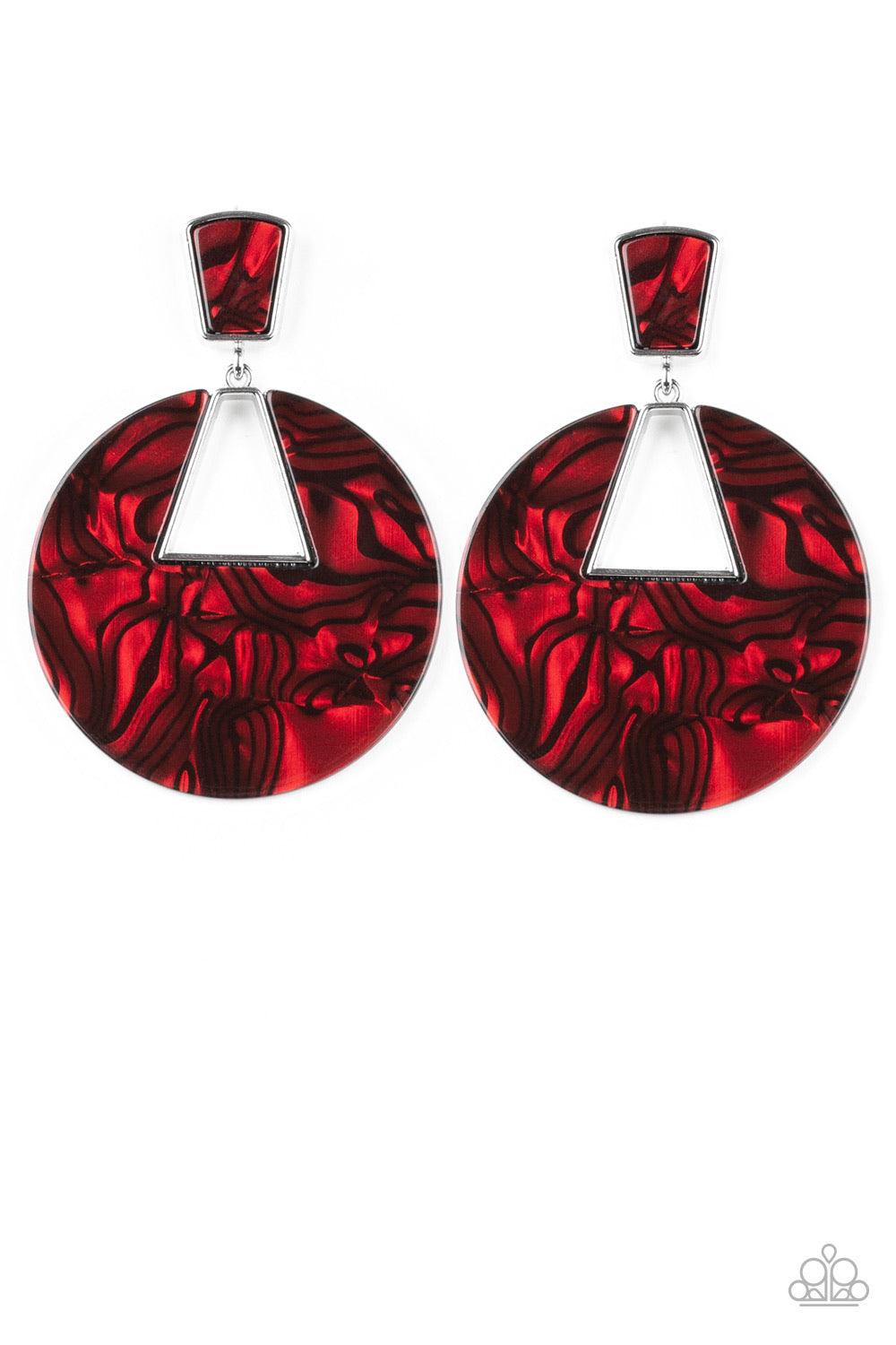 Paparazzi Accessories Let HEIR Rip! - Red Featuring a faux marble finish, a shimmering acrylic frame swings from the bottom of a matching acrylic fitting for a refined, retro look. Earring attaches to a standard post fitting. Jewelry