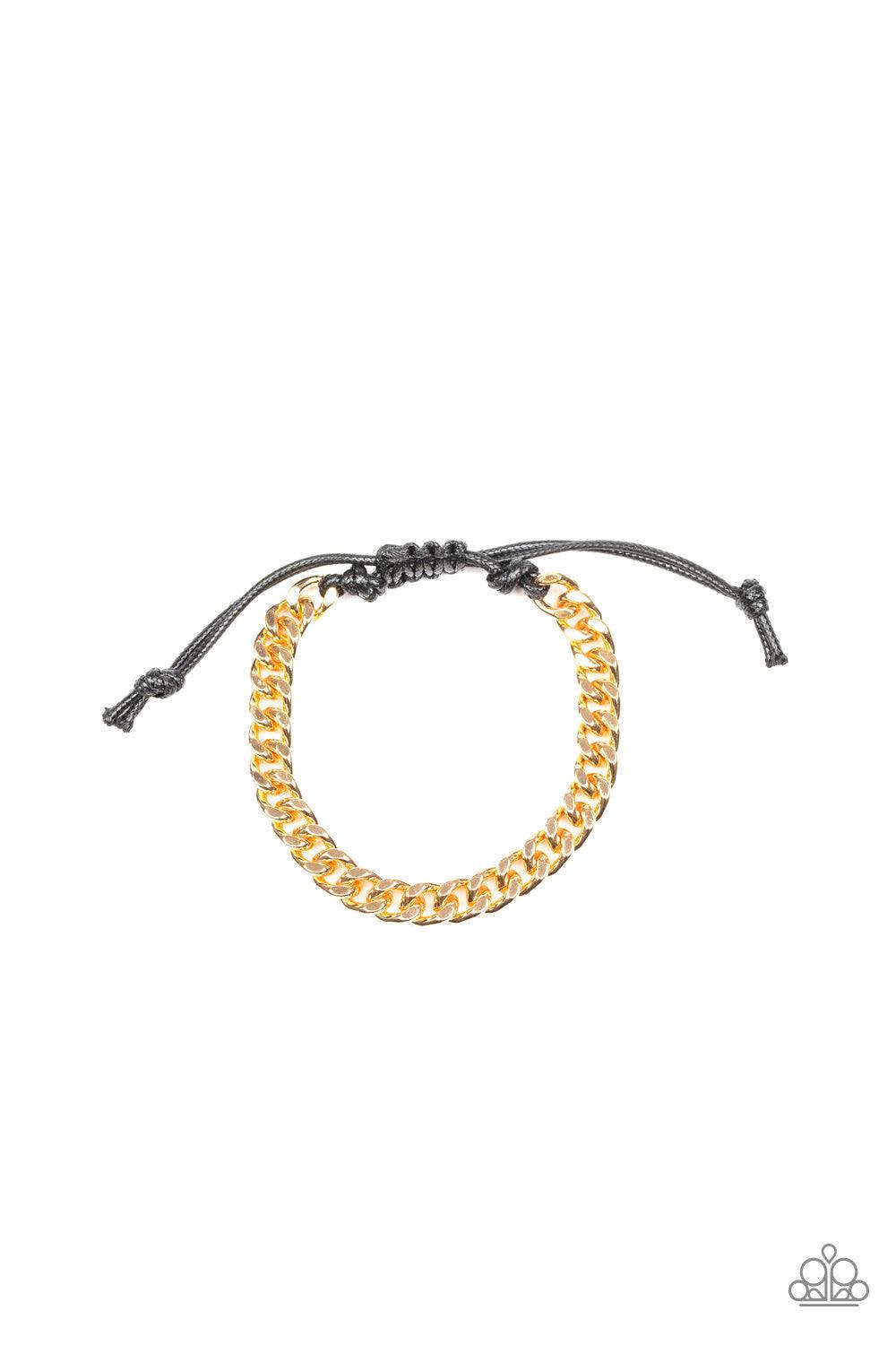 Paparazzi Accessories Throwdown - Gold Shiny black cording knots around the ends of a thick gold curb chain that is wrapped across the top of the wrist for a versatile look. Features an adjustable sliding knot closure. Jewelry