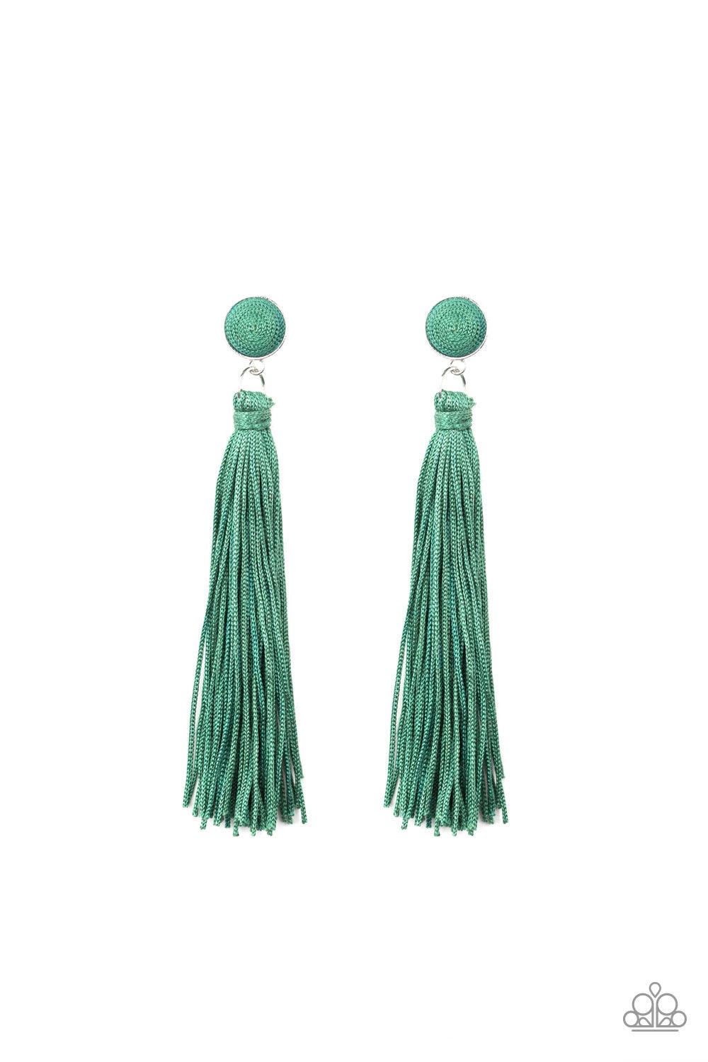 Paparazzi Accessories Tightrope Tassel - Green A tassel of shiny green cording swings from the bottom of a matching green threaded button-top frame for a flirtatious fashion. Earring attaches to a standard post fitting. Jewelry