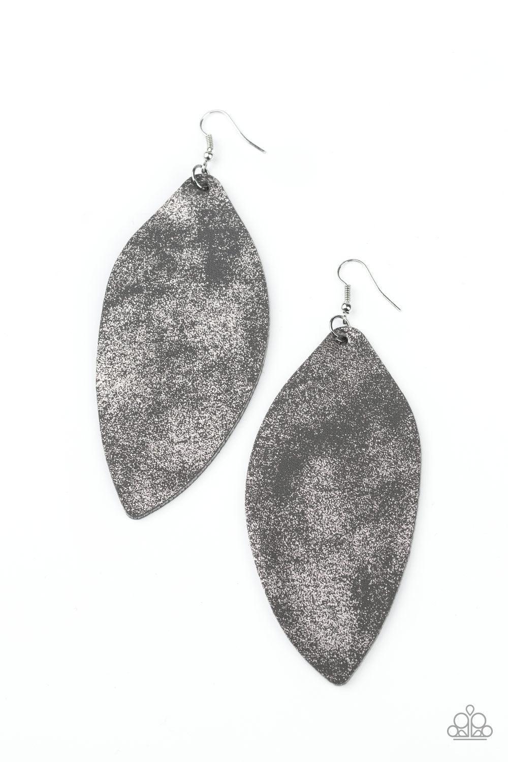 Paparazzi Accessories Serenely Smattered - Silver Dusted in a silver shimmer, an asymmetrical piece of gray leather swings from the ear in a statement-making fashion. Earring attaches to a standard fishhook fitting. Jewelry