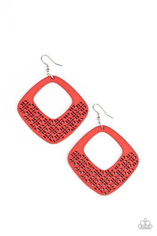 Paparazzi Accessories WOOD You Rather - Red Painted in a fiery red finish, the bottom of a wooden diamond-shaped frame has been cut into an airy floral stenciled pattern for a whimsical finish. Earring attaches to a standard fishhook fitting. Sold as one