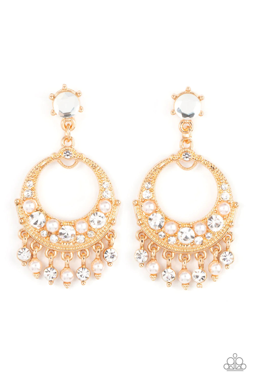 Paparazzi Accessories Marrakesh Request - Gold White pearl and white rhinestone dotted frames dance from the bottom of an ornate gold hoop encrusted in matching bubbly accents, resulting in a timeless fringe at the bottom of a solitaire white rhinestone.