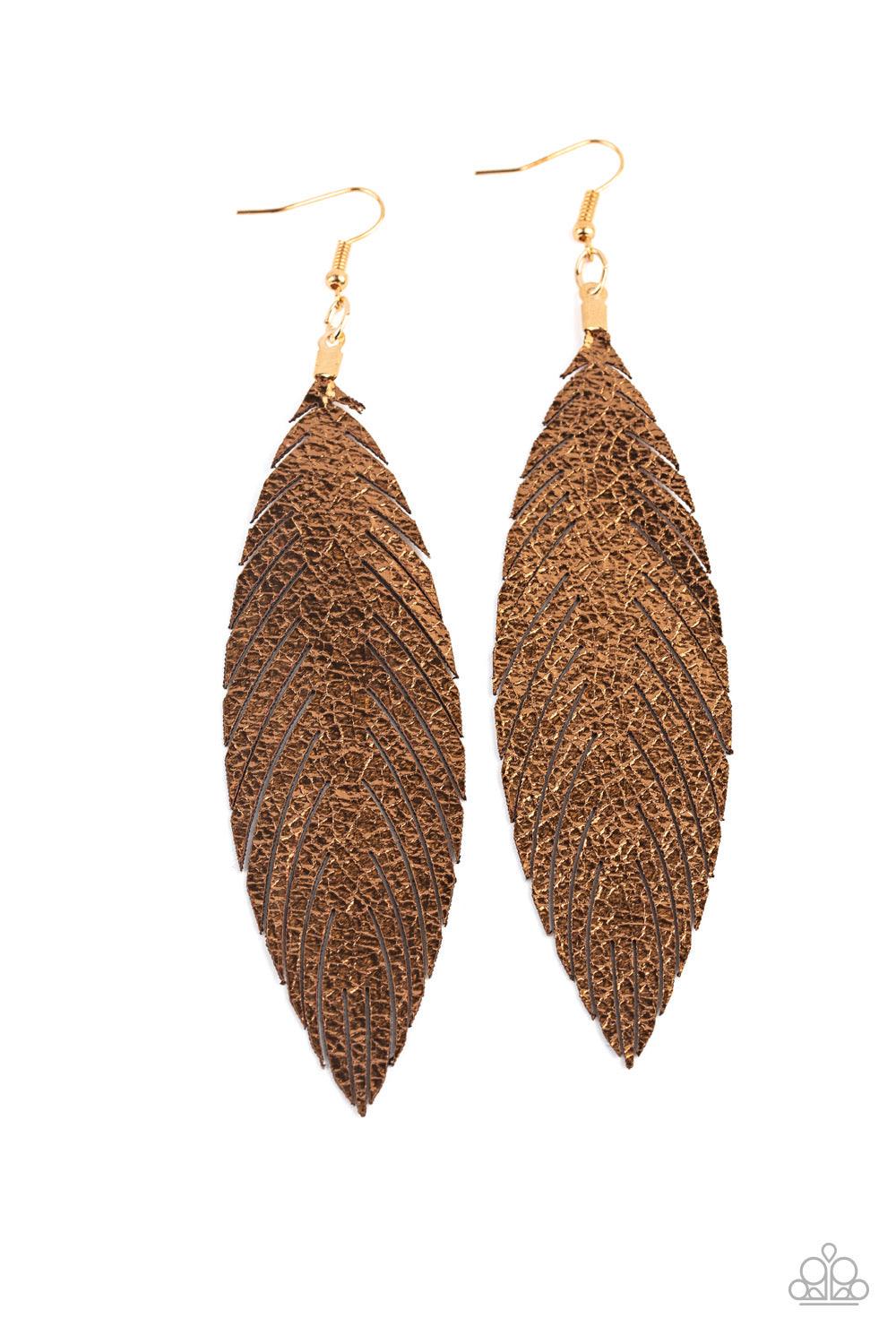 Paparazzi Accessories Feather Fantasy - Gold Brushed in a golden metallic finish, a flat leather feather frame swings from the ear for a statement-making finish. Earring attaches to a standard fishhook fitting. Sold as one pair of earrings. Jewelry
