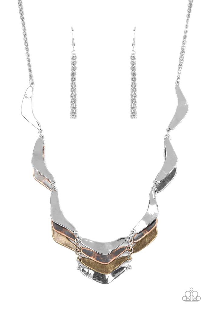 Paparazzi Accessories Mixed Metal Mecca - Silver Featuring a rustic hammered finish, boomerang shaped silver, brass, and copper plates delicately link into artisan-inspired layers below the collar. Features an adjustable clasp closure. Sold as one individ