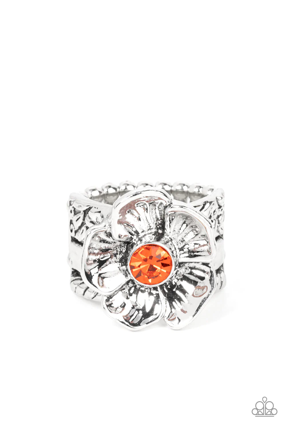 Paparazzi Accessories Prismatically Petunia - Orange Textured silver petals gently gather around a sparkling orange rhinestone center, blooming into a dazzling floral centerpiece atop the finger. Features a stretchy band for a flexible fit. Sold as one in
