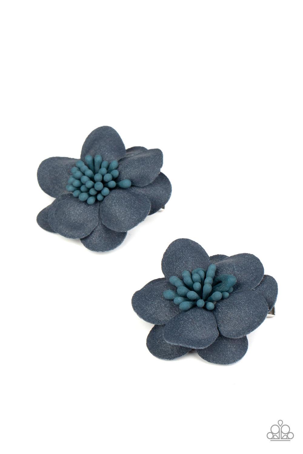 Paparazzi Accessories Look At Her GROW! - Blue Blue paper-like petals bloom from a matching beaded center, creating a charming pair of colorful blossoms. Each flower features a standard hair clip on the back. Sold as one pair of hair clips. Hair Accessori