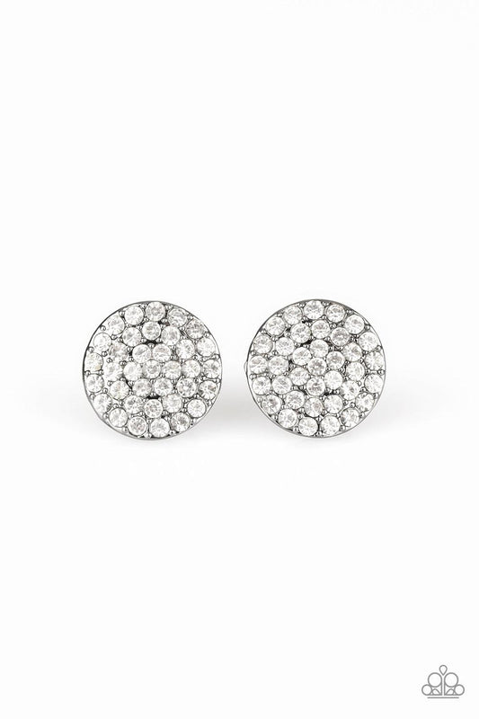 Paparazzi Accessories Greatest of All Time - Black Countless white rhinestones are encrusted across the front of a beveled gunmetal frame for a show-stopping look. Earring attaches to a standard post fitting. Sold as one pair of post earrings. Jewelry