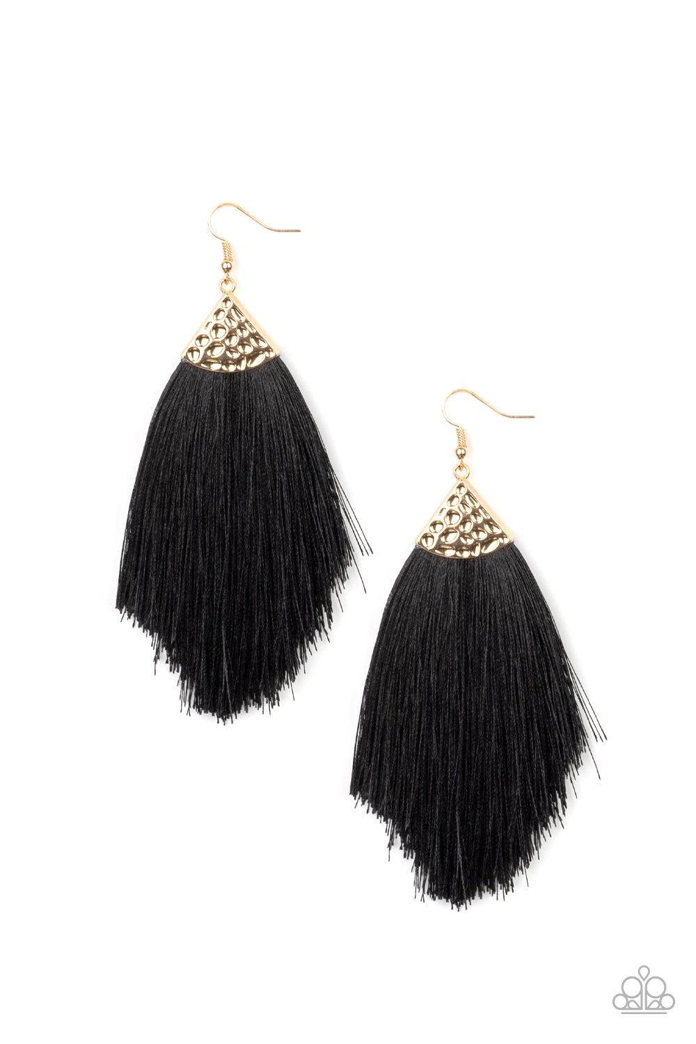Paparazzi Accessories Tassel Tempo - Black Shiny black thread fans out from the bottom of a hammered gold fitting, creating a tapered fringe. Earring attaches to a standard fishhook fitting. Jewelry